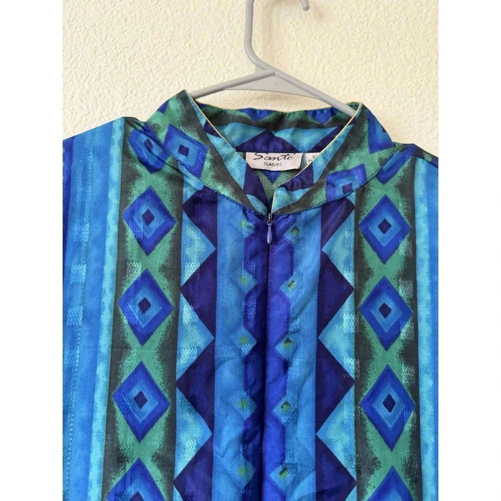 Sante Classics Women M Blue Green Geometric Print Button Front Long Dress Zipper